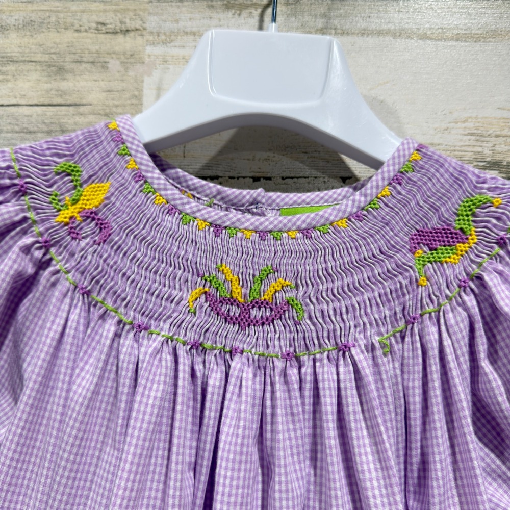 Classic Whimsy Smocked Dress Girls 7 Purple Mardi Gras Gingham Preppy EUC
